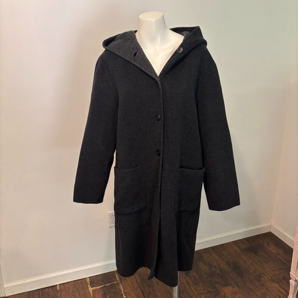Brooks 346 size Medium 90% Wool Charcoal Black Hooded Lagenlook Cape Long Coat